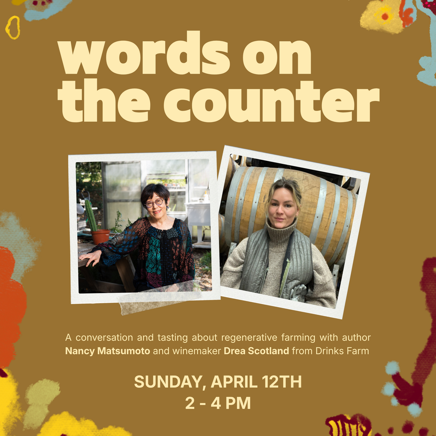Promotional flyer for 'Words on the Counter' event with two people and event details.